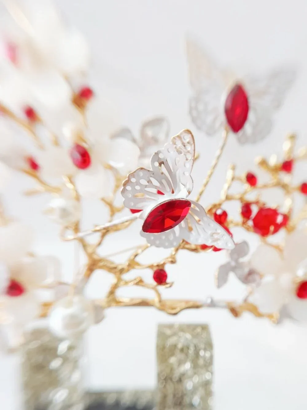 Red Crystal Butterfly Crown, Gold Floral Tiara, Wedding Bridal Headpiece